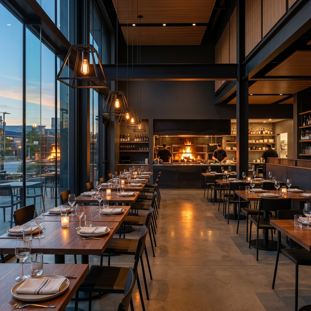 Inside Ember & Oak: the wood-and-charcoal hearth at the heart of the dining room